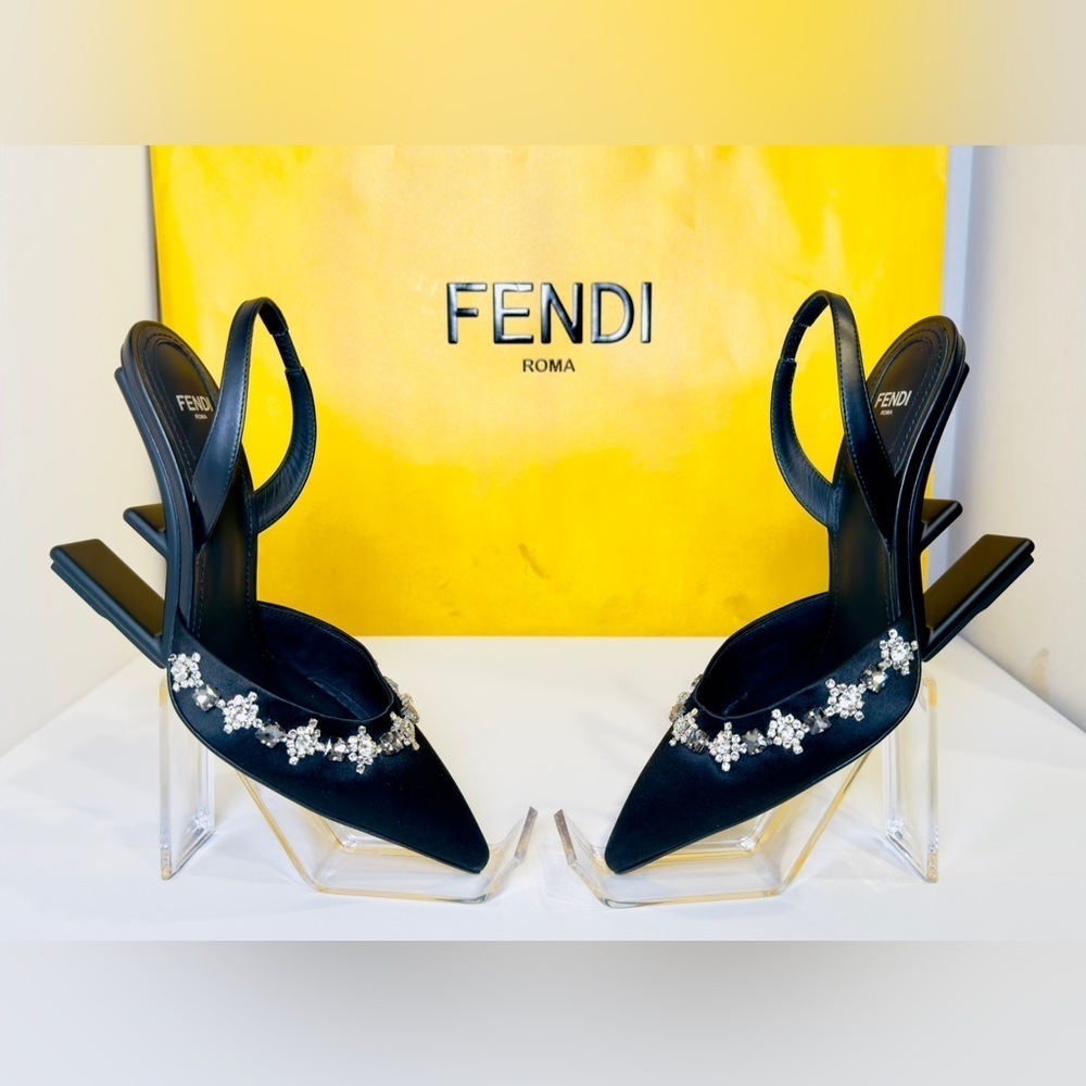 Fendi First Slingback Heels Black Satin With Nero Crystal Size 37.5 Retail$1790